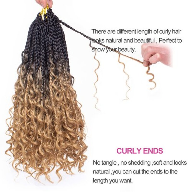 Unionbeauty 14 Inch Boho Box Braids Crochet Hair with Curly Ends Pre-looped 8 PCS Messy Goddess Locs Bohemian Hippie Braids Water Wavy Hair Synthetic Braiding Hair Extension for Black Woman 1B/27#