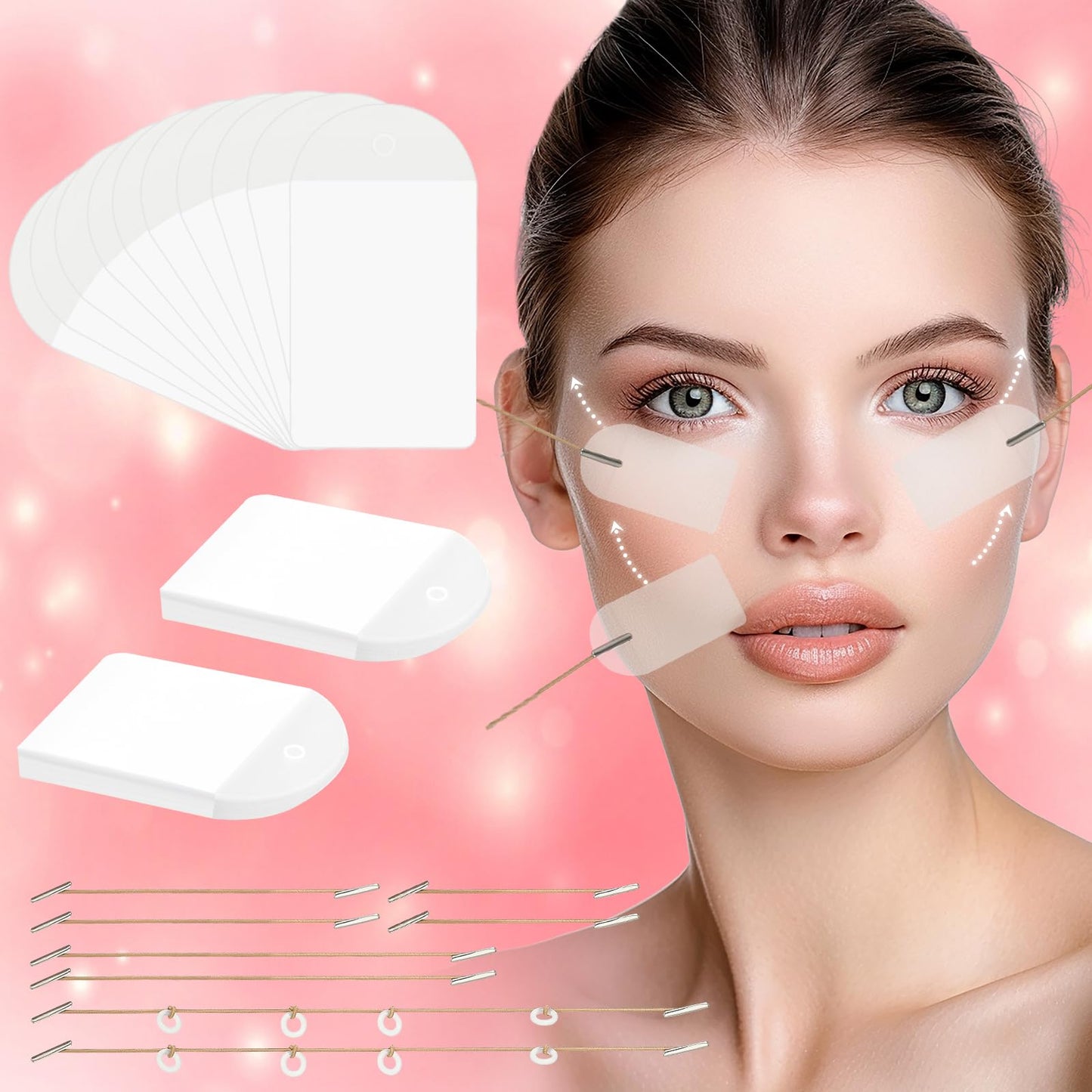 Lnngub 60 Pcs Face Lift Tape,Face Tape Lifting Invisible with 8 Strings Instant Face Tape Facelift Tape for Face Invisible Face Tapes for Lifting Sagging Skin Eyes Neck Double Chin Wrinkles