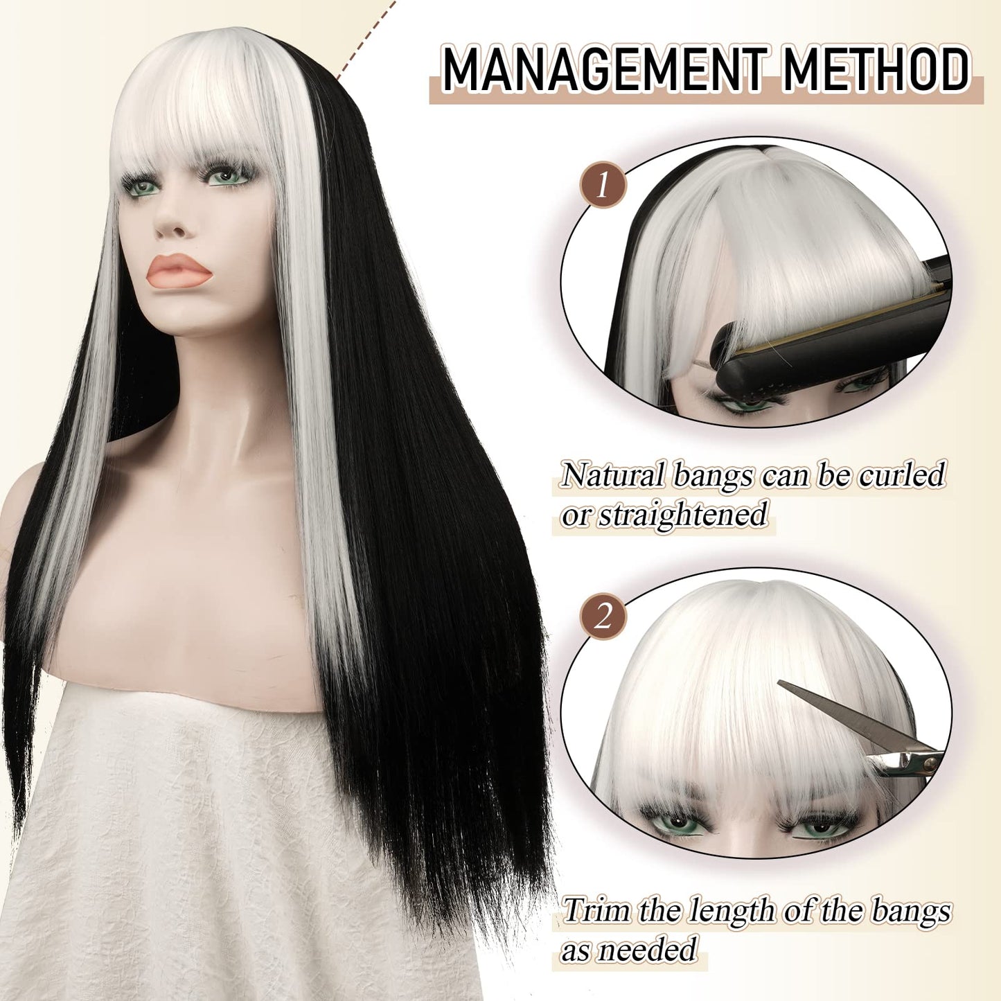 SOFEIYAN Long Straight Wig with Bangs Black with White Strips Synthetic Hair Replacement Wigs Heat Resistant Full Wig for Women Girls 26 inches