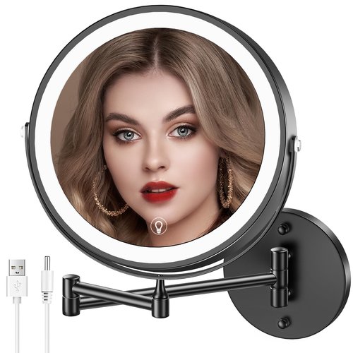MNIENT Wall Mounted Lighted Makeup Mirror,8" Rechargeable Double-Sided Magnifying Mirror 1x/10x,3 Color Led Vanity Mirror with Lights,Touch Dimmable 360° Rotation Foldable Light up Mirror-Black