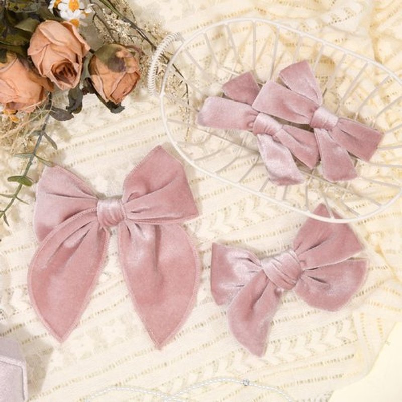 DEEKA 4 PCS Pink Velvet Hair Bows 3 Styles 5" & 4" Handmade Hair Bow set for Toddler Girls Alligator Hair Clips Knot Bows Hair Accessories for Little School Girls (Pink)
