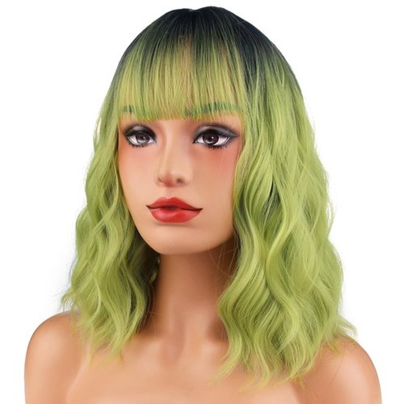MAGQOO Green Wig for Women Girls Matcha Green Wig Short Curly Wavy Ombre Green Wig with Bangs Synthetic Heat Resistant Halloween Cosplay Costume