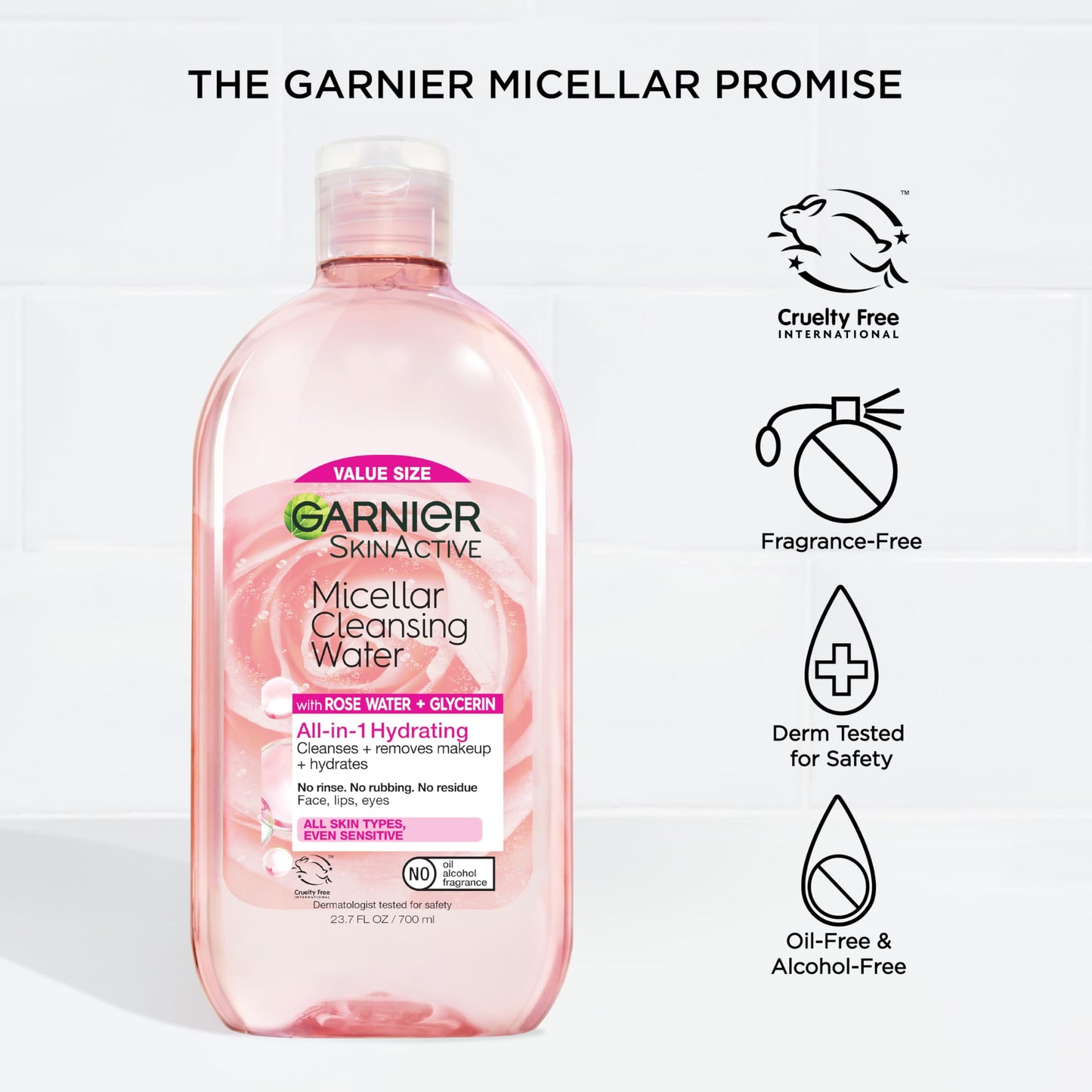 Garnier Micellar Water with Rose Water and Glycerin,Hydrating Facial Cleanser & Makeup Remover,For All Skin Types,Vegan,Cruelty Free,23.7 Fl Oz (700mL),(Pack of 2)