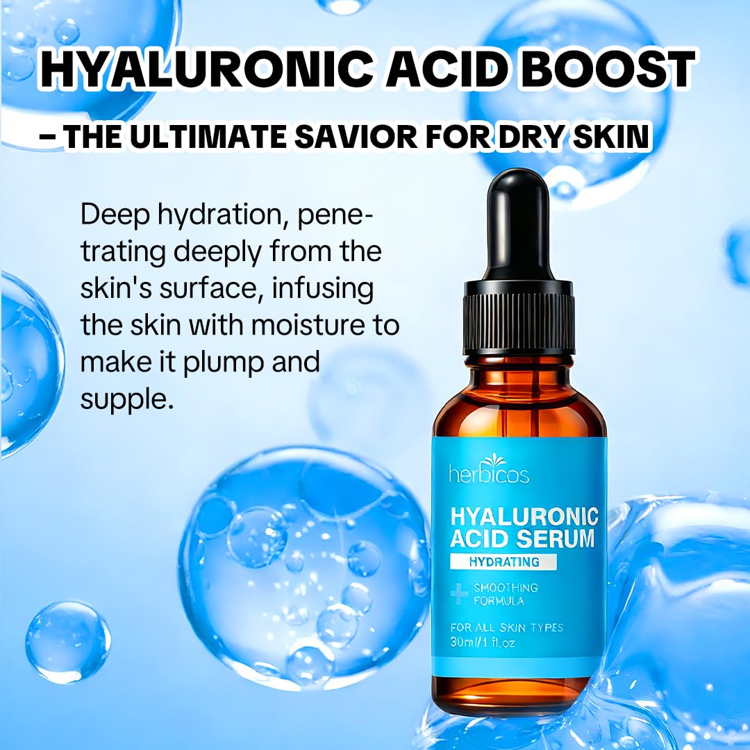 HERBICOS Hyaluronic Acid Serum for Face - 1 Fl Oz with Vitamin C, E & Jojoba Oil - Hydrating Anti-Aging Facial Serum, Brightens & Plumps Skin, Fast Absorbing Non-Sticky Formula