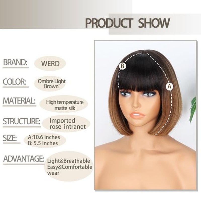 WERD Short Brown Bob Wigs for Women Light Brown Bob Wigs with Bangs 10Inch Synthetic Hair Brown Bob Highlight Wig for Daily Use Cosplay
