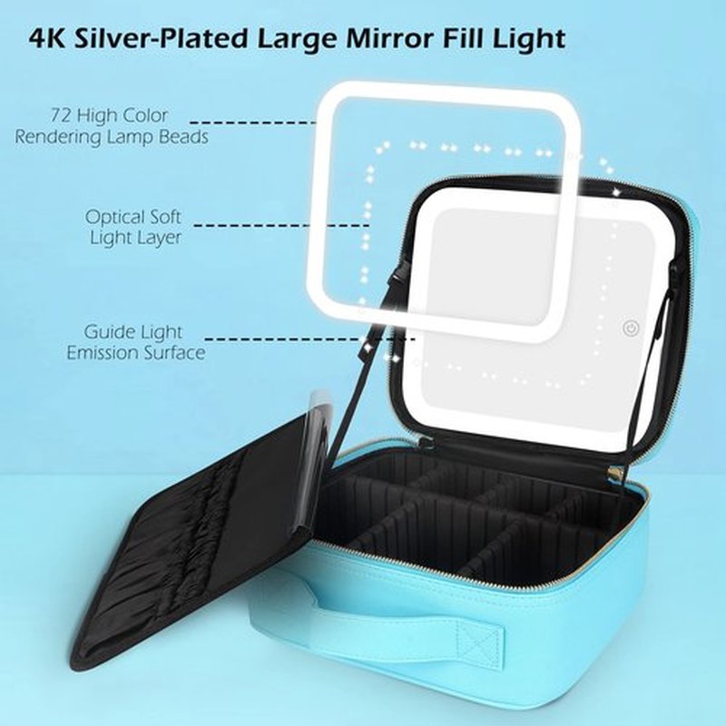 MOMIRA Makeup Bag with Mirror and Light Travel Makeup Train Case Cosmetic Bag Organizer Portable Artist Storage Bag with Adjustable Dividers Makeup Brushes Storage Organizer Diamond Blue