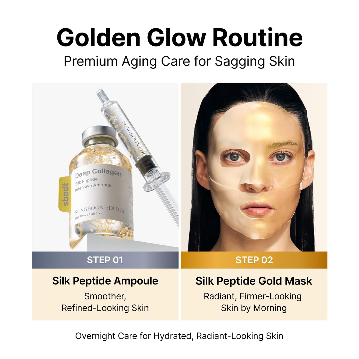 SUNGBOON EDITOR Premium Golden Glow Set, Silk Peptide Ampoule and Gold Mask Set with 24K Gold, Copper Peptides, 30 Peptides, Overnight Hydration and Radiance Care, Korean Skincare Gift Set