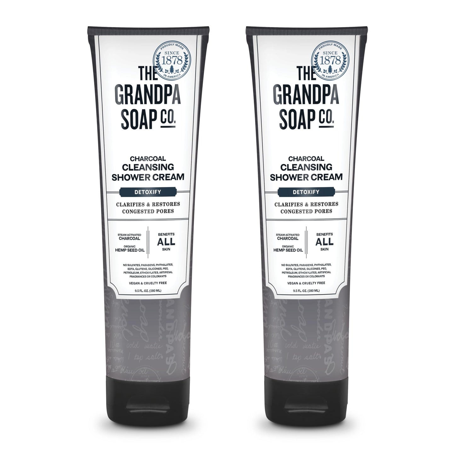 The Grandpa Soap Company Charcoal Cleansing Shower Cream - Clarifies & Restores Congested Pores, With Activated Charcoal & Hemp Seed Oil, Detoxifies, 9.5 Fl Oz, 2 Pack
