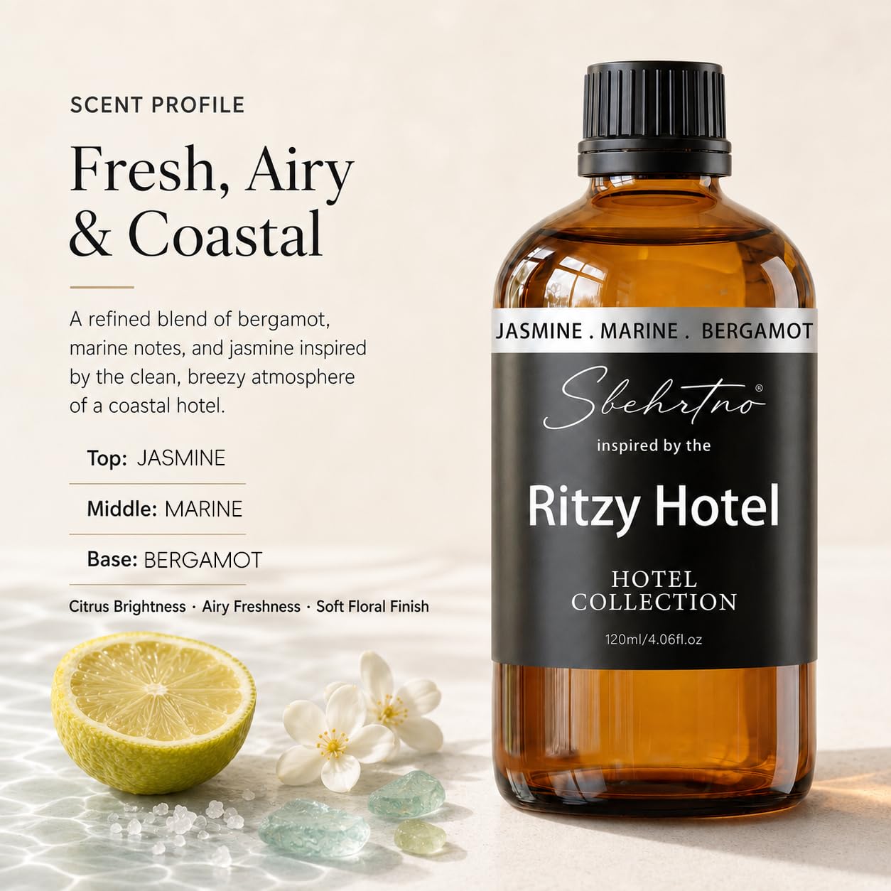 Sbehrtno Hotel Collection Diffuser Oil, Coastal Hotel-Inspired Home Fragrance with Lemon, Bergamot & Sea Breeze, for Waterless Diffusers & Scent Machines(4 Fl Oz (Pack of 1))