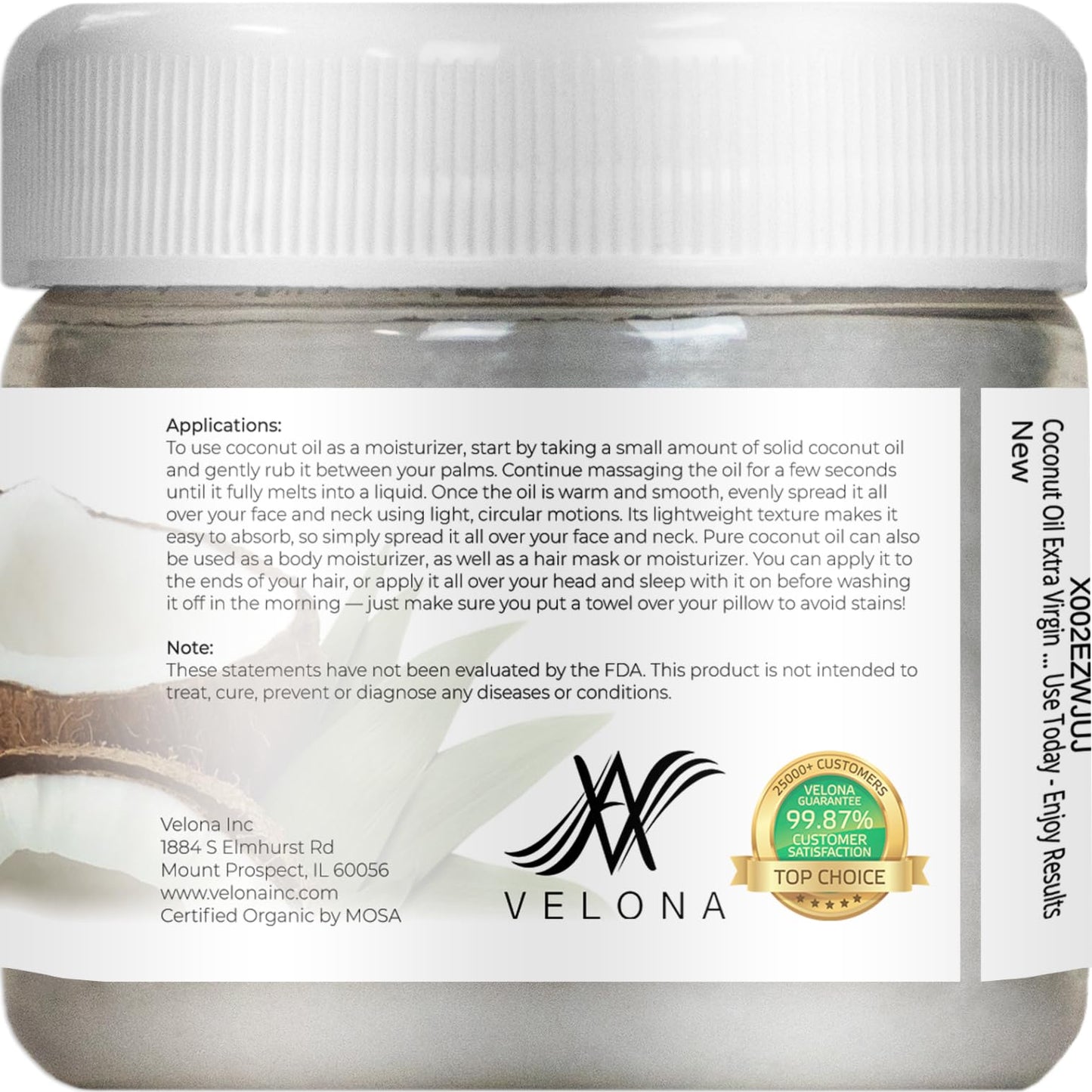 velona USDA Certified Organic Coconut Oil Extra Virgin - 2 fl oz | Food and Cosmetic Grade | in jar | Extra Virgin, Cold Pressed