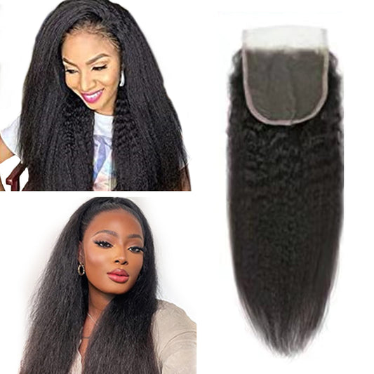 Selina Lace Closure Kinky Straight 4x4 Lace Closure Hd Lace Closure Kinky Straight Human Hair Free Part Lace Closure Hair Natural Color Black(18inch Kinky Straight, 4x4)