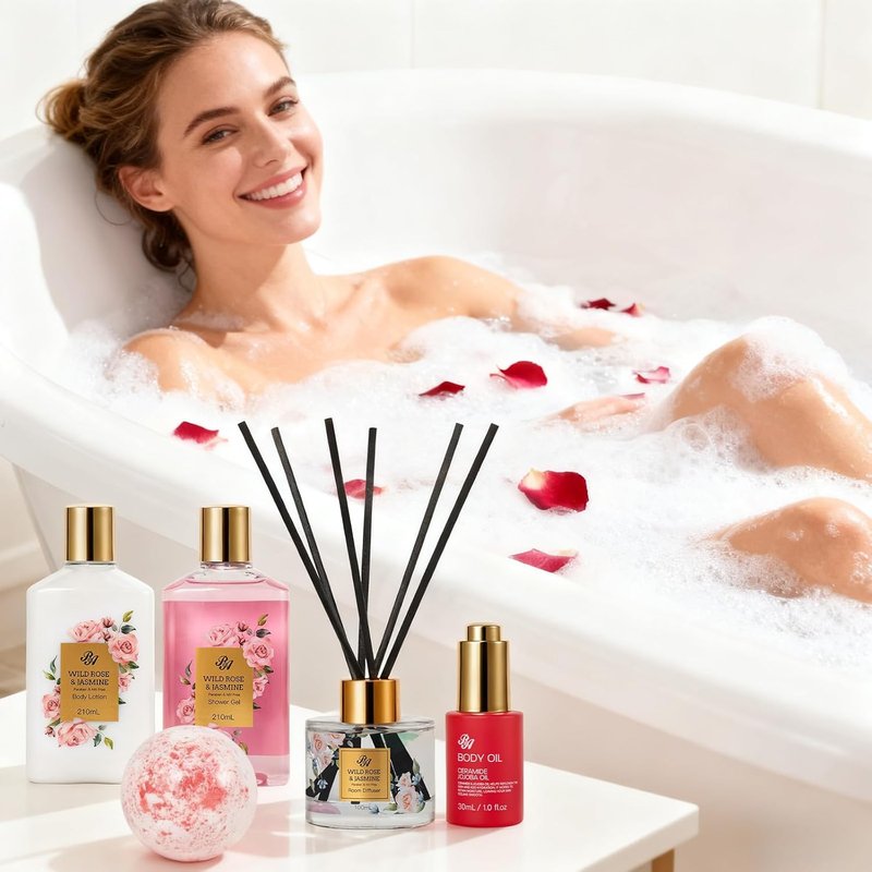 35-Piece Mother's Day Gift Basket - Red Rose Bath & Body Spa Set for Women | Face Care Kit, Diffuser, Necklace
