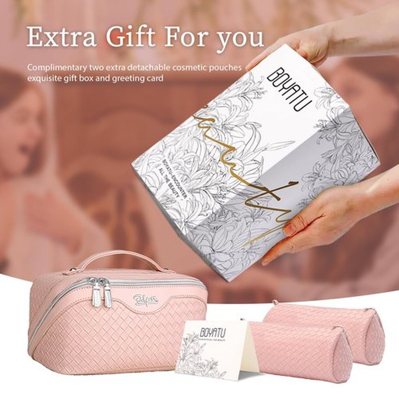 Travel Makeup Bags Cosmetic Organizer Bag: Large Capacity Make up Bag Set of 3 - Vegan Leather Toiletry Bag for Women - Portable Makeup Organizer with Compartments & Handle & Divider (01 Light Pink)