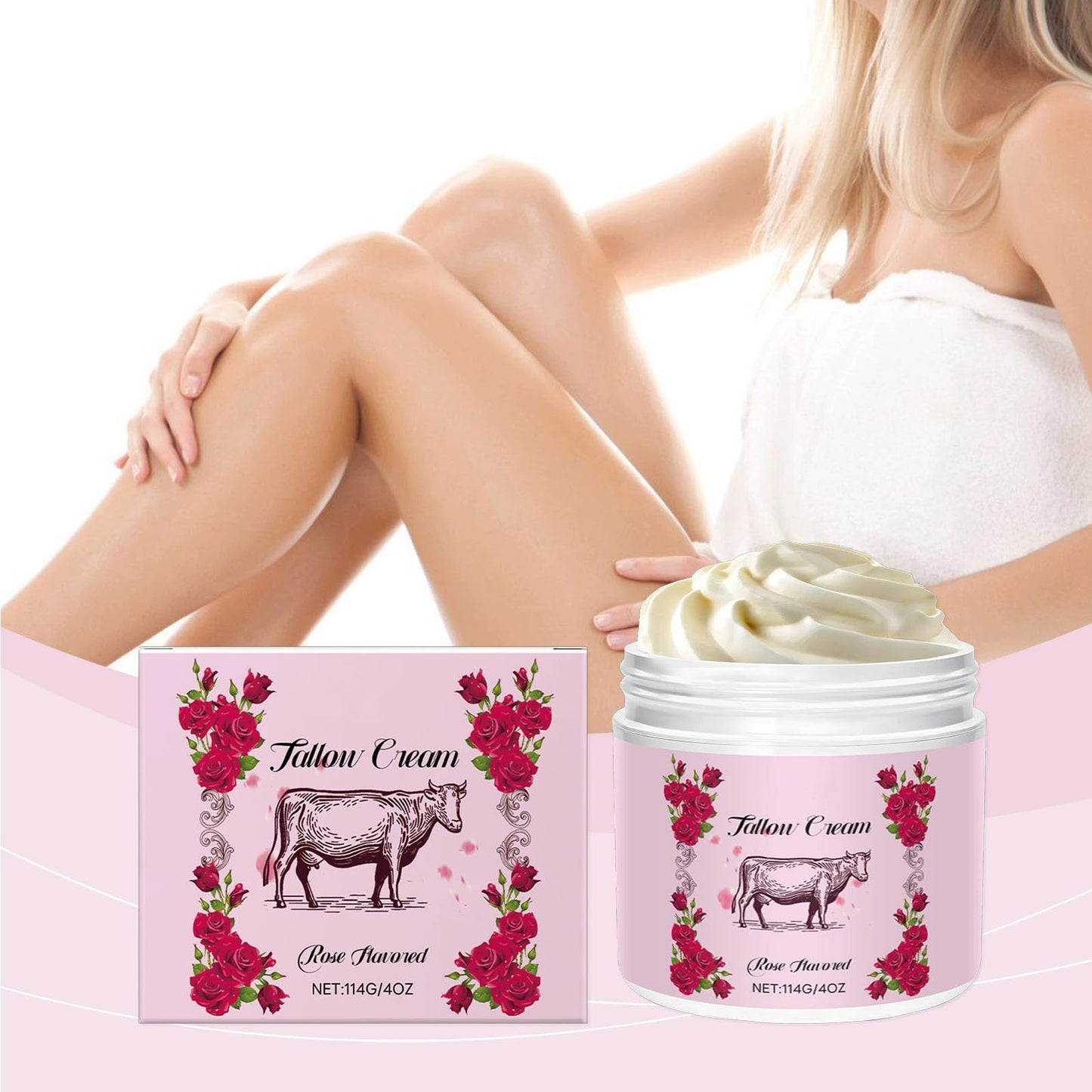 TUOSHITONG Beef Tallow, Beef Tallow for Skin, Face & Body Whipped Moisturizer with Rose, Nourishing Soothing Moisturizer Body Cream Skin Care, Suitable for All Skin Types 4 oz