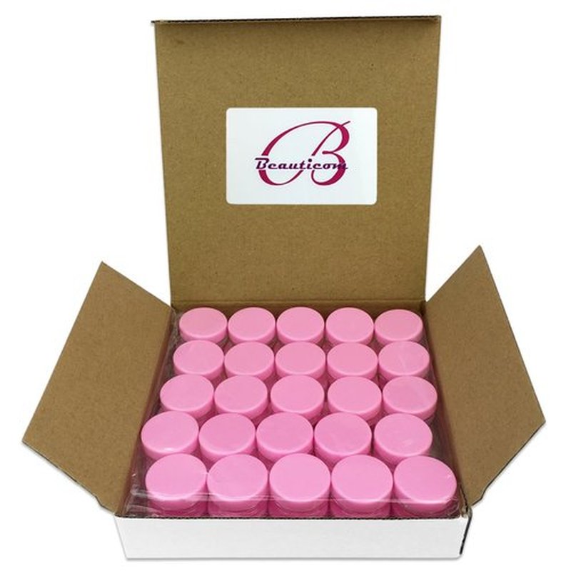 Beauticom 3g/3ml (0.1 Fl Oz) Round Clear Plastic Jars with Round Top Lids for Creams, Lotions, Make Up, Powders, Glitters, and more... (Color: Pink Lid Quantity: 50 Pieces)