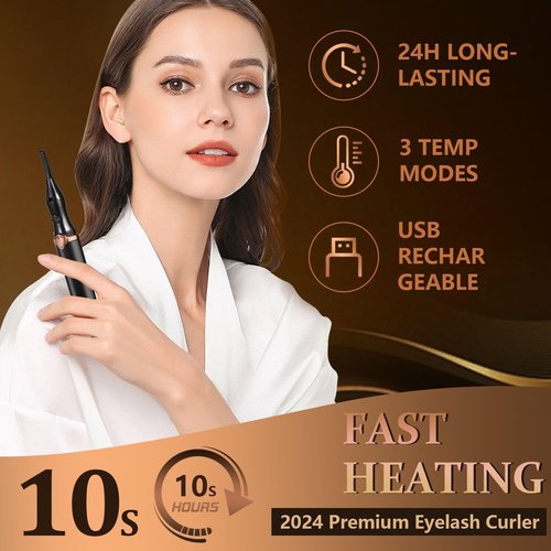 Heated Eyelash Curler - Fast Heat up in 8s - 3 Heat Modes with USB Rechargeable - Electric Eyelash Curler - Natural Curling 24 Hours Long Lasting - Anti-Burn Eyelid, Brown Black