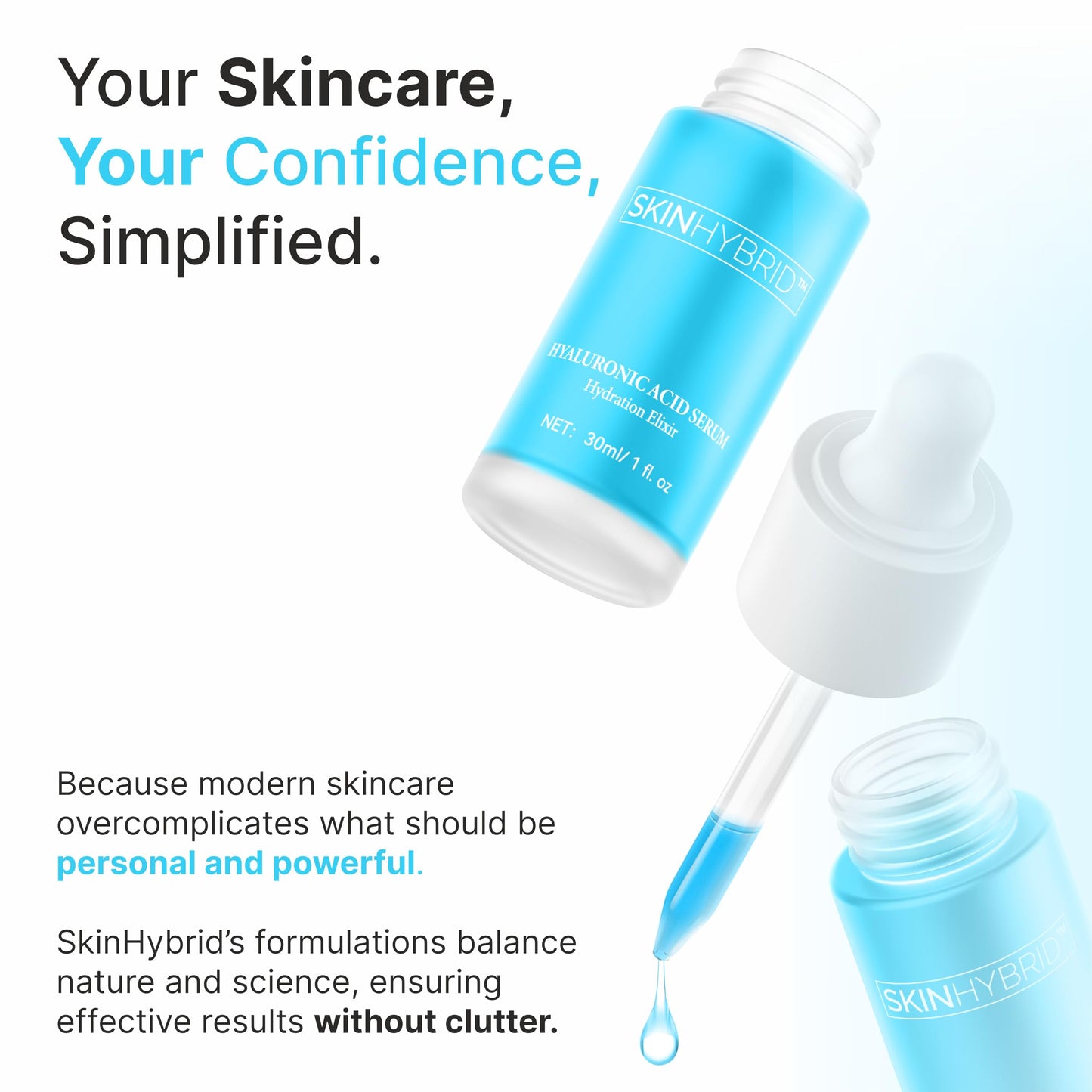 SkinHybrid Hydration Elixir | Gentle Hyaluronic Acid Serum for Face | Oil-Free Acido Hialuronico with Peptide Complex | Daily Deep Hydrating Serum for Face to Plump, Firm & Revive Dry Skin (30ml/1 oz)