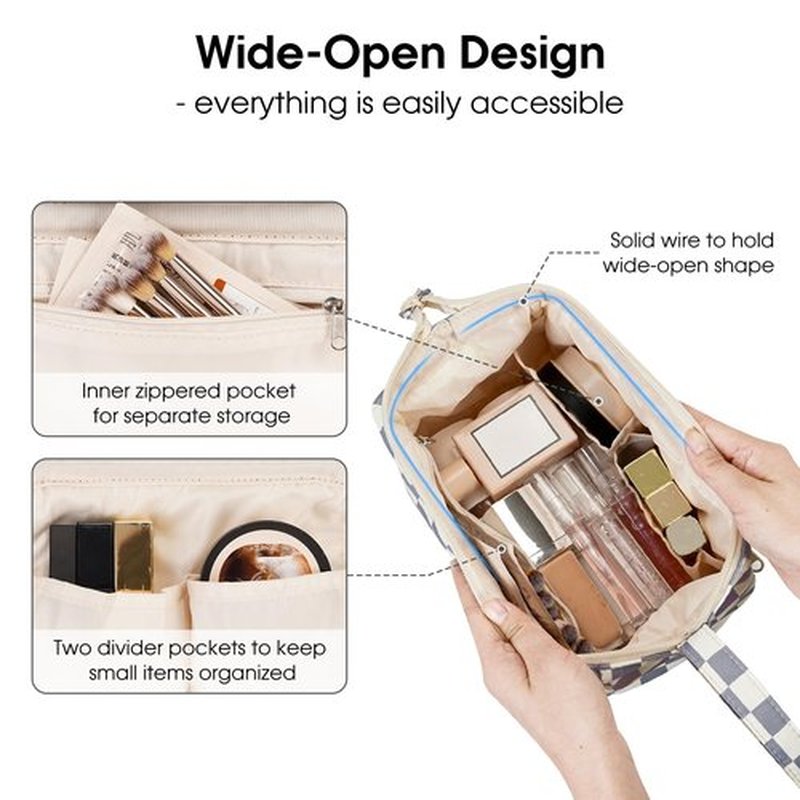 Narwey Checkered Makeup Bag Women Wide-open Make up Bag Travel Cosmetic Bag Organizer Toiletry Bag for Cosmetics Toiletries Accessories (Greyish Blue Checkerboard)