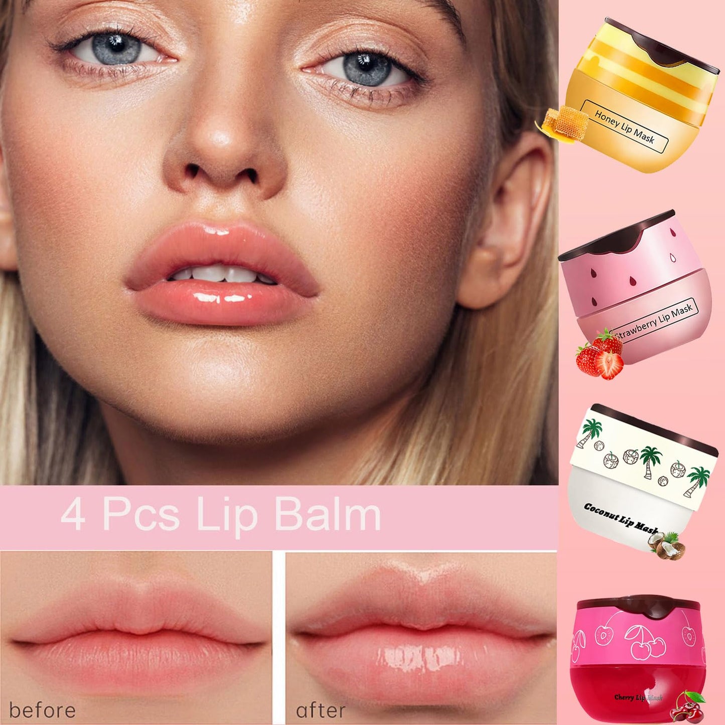 TIRDET 4 PCS Bee Lip Balm Honey Pot, Honey Strawberry Cherry Coconut Sleeping Lip Mask Overnight with Sticks, Exfoliating Prevention Dry and Crack Lip Scrubs