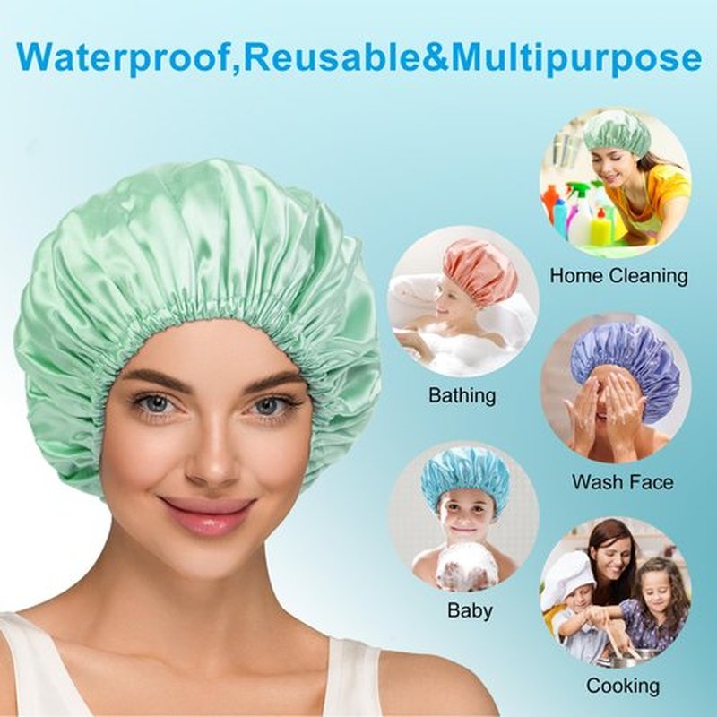 AmazerBath Shower Caps for Women, 4 PCS Waterproof Bath Caps, Elastic and Reusable Shower Hair Cap, Double Layers Hair Cap, Environmental Protection Bathing Hat