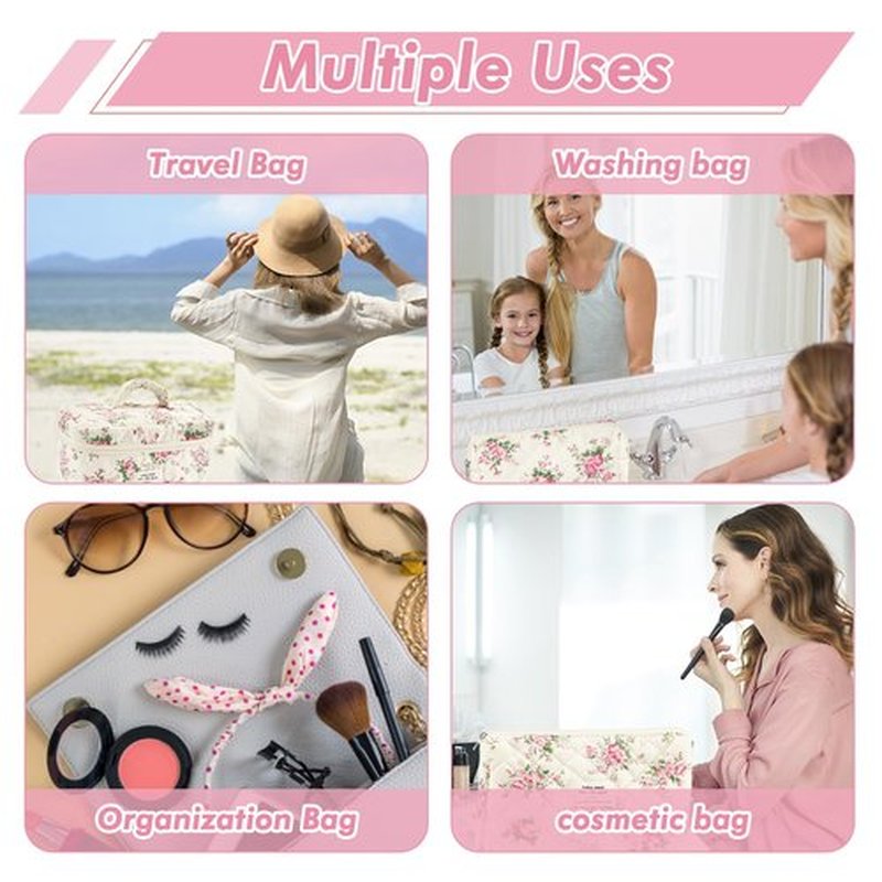 URSKYTOUS 3Pcs Cotton Quilted Makeup Bag for Women Girls Large Small Travel Pink Floral Cosmetic Bags Set Cute Coquette Makeup Pouch for Purse Aesthetic Cloth Flower Storage Toiletry Bag Organizer