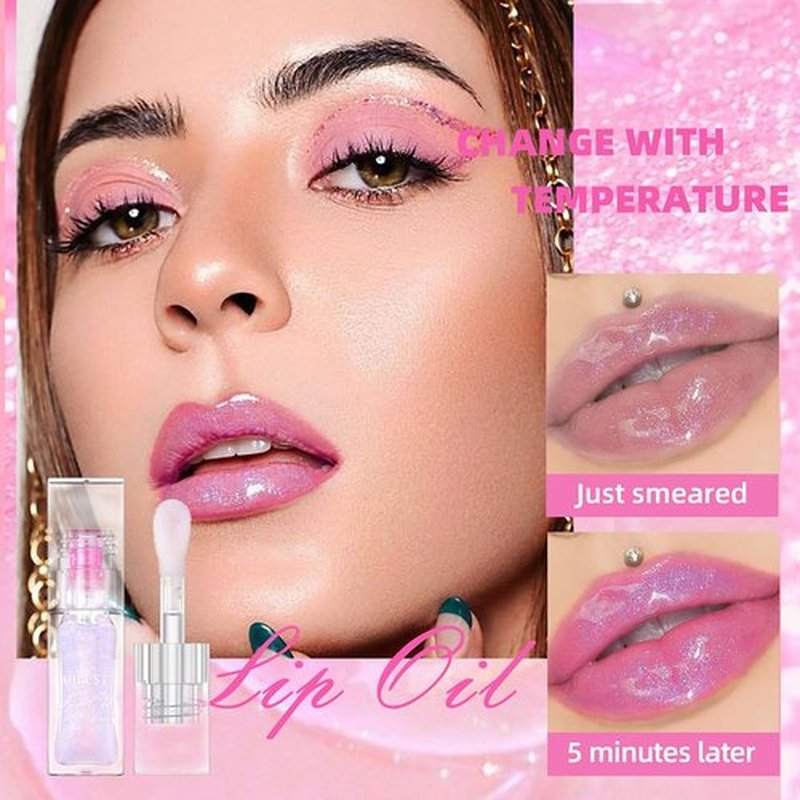 Hvecom Magic Color Changing Lip Oil Ph, Glitter Moisturizing Lip Glow Oil, Upgraded Big Brush Head Warm Change Lip Gloss, Long Lasting Nourishing Plumping Glimmer Glow Lipstick Lip Tint (03#)
