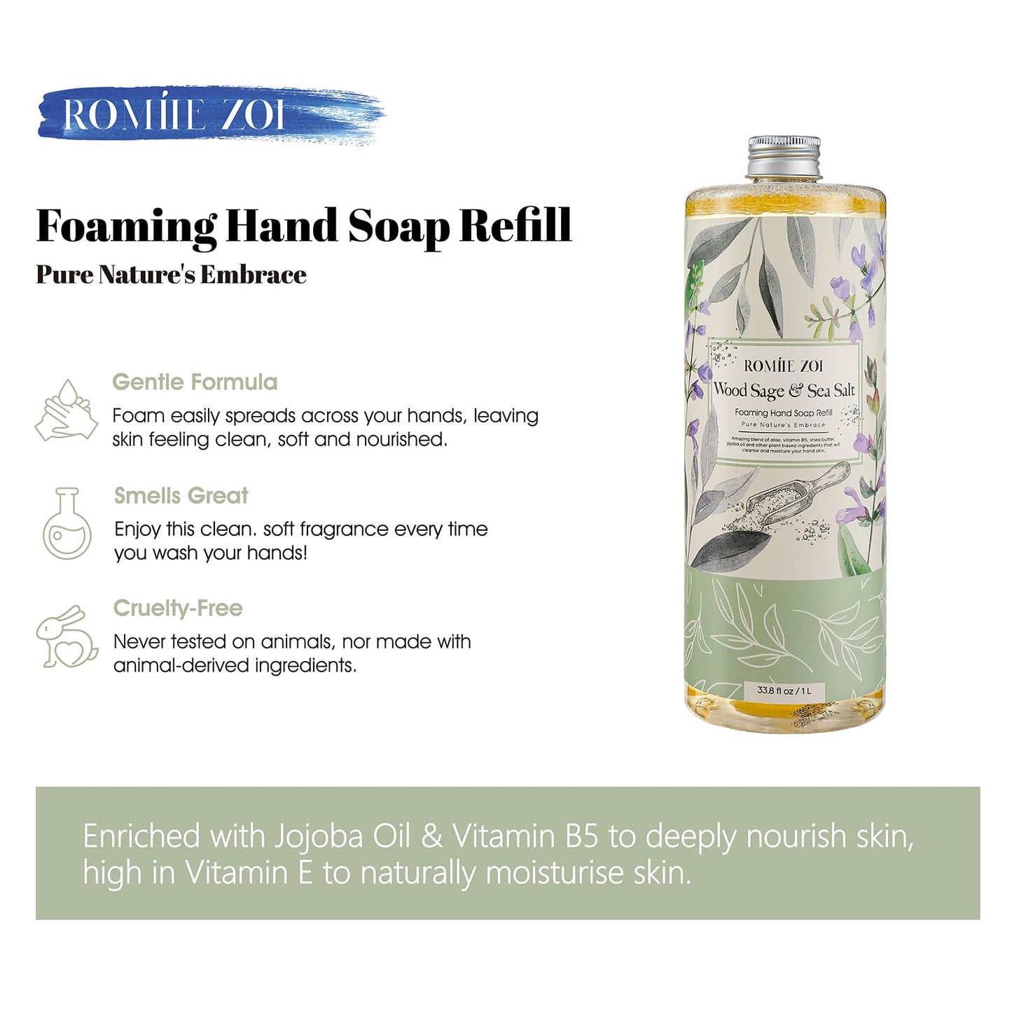 ROMIIE ZOI Foaming Hand Soap Refill, Wood Sage & Sea Salt, Gentle & Moisturizing Formula, 1 L/ 33.8 FL OZ