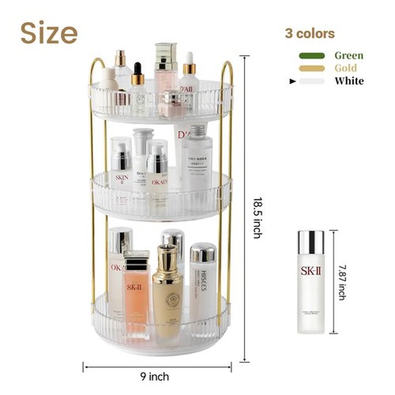 Aveniee Rotating Makeup Organizer for Vanity, Perfume Skincare Organizers Make Up Storage for Bathroom Counter,3 Tier Clear Spinning Cosmetic Lipstick Toiletry Organizer Holder Display Stand (White)