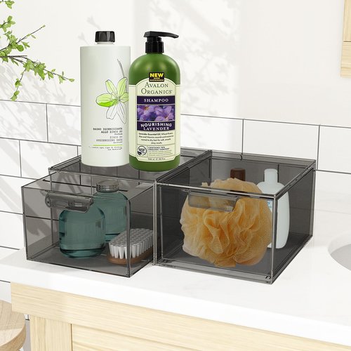 SpaceHacks 2 Pack Stackable Makeup Organizer and Storage, Acrylic Organizers，Clear Plastic Storage Drawer with Pull-Out Handles for Vanity, Undersink, Kitchen Cabinets, Pantry, Black