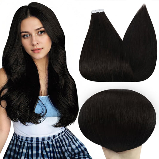 Full Shine Straight Tape in Hair Extensions Real Human Hair 10 Inch Seamless Tape in Extensions Natural Remy Hair Color 1B Black Double Sided Tape in Hair 20 Pcs Skin Weft Hair 30 Gram