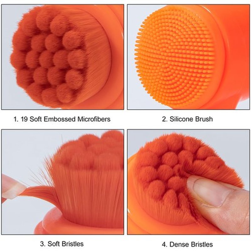 Beomeen Face Brush 2 in 1, Silicone Facial Cleansing Exfoliating Brush Soft Bristles Pore Deep Cleansing Manual Dual Face Wash Scrub Brush for Massaging, Makeup Skincare Removal, Fluorescent Orange