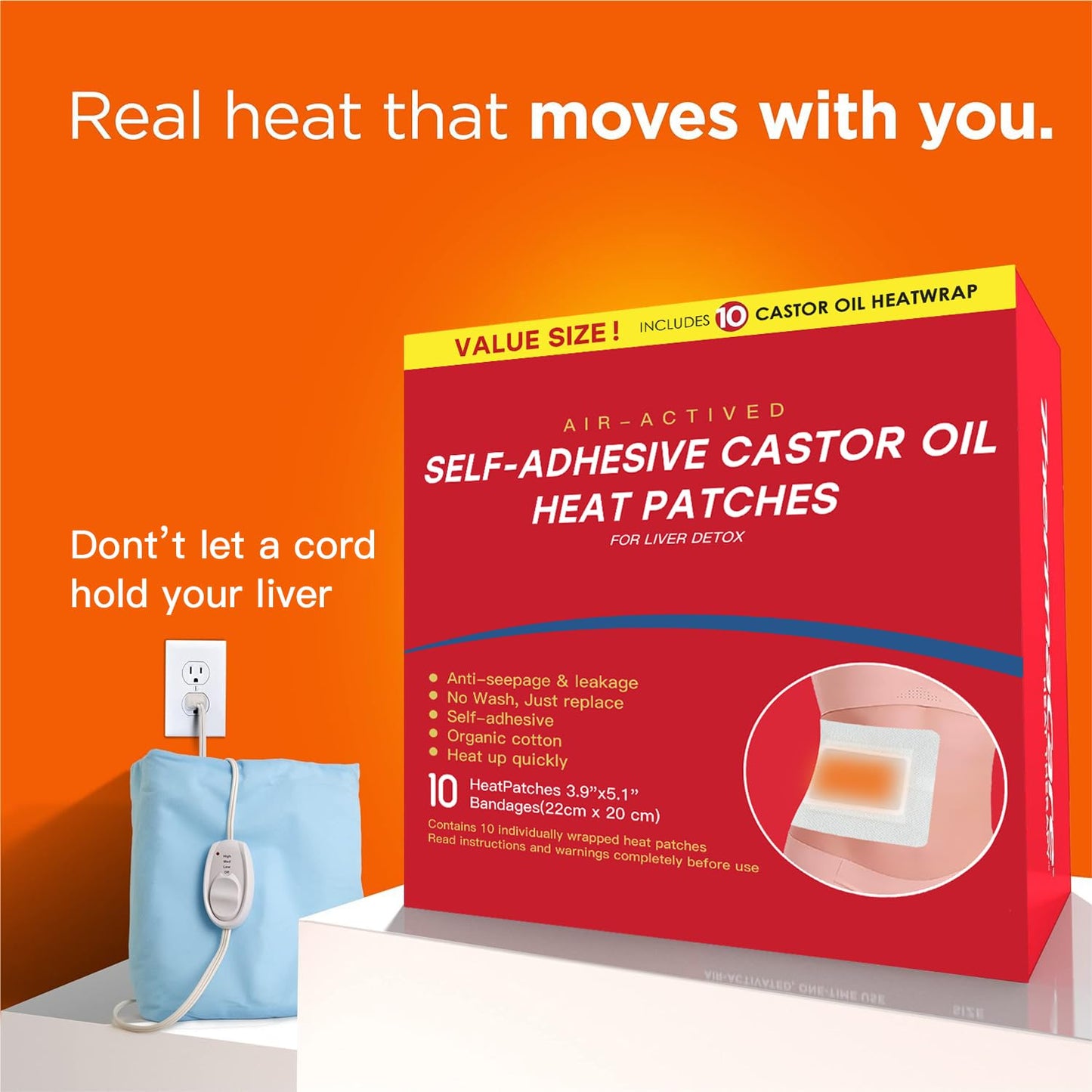 10Pcs Castor Oil Pack Heatwrap Kits, Castor Oil Packs for Liver Detox, Disposable 8.7"*7.9" Self-Adhesive & Self-Heating Castor Oil Wrap Organic Cotton, No Wash, Anti-Seepage(Oil Not Included)