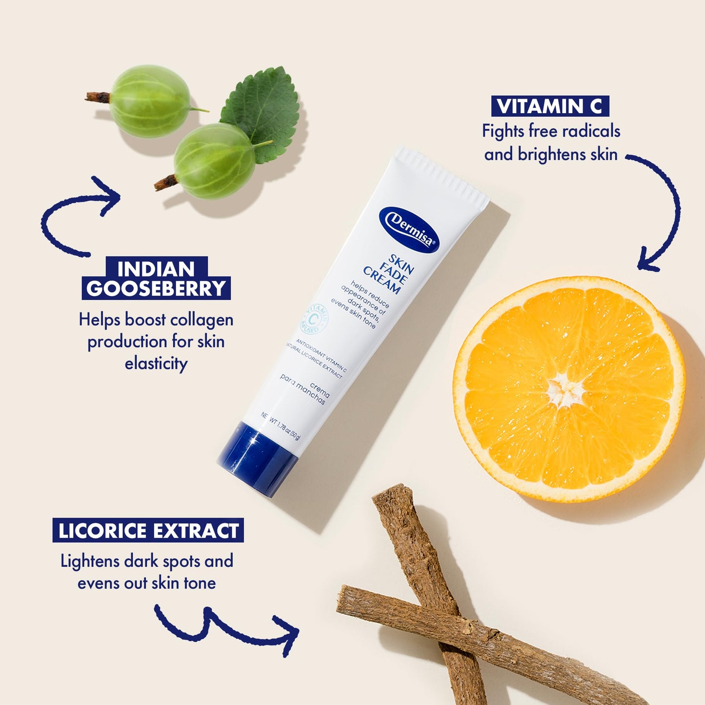 Dermisa Skin Fade Cream with Vitamin C, Licorice and Emblica - Dark Spot Corrector and Face Moisturizer for Sun Spots, Age Spots and Freckles - 1.78 Oz, Pack of 1