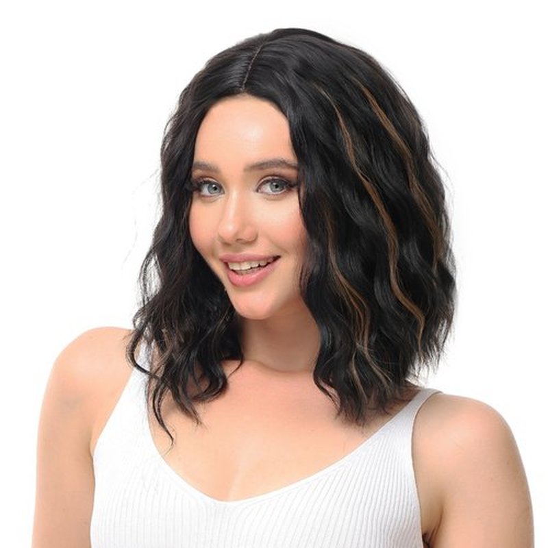 Rose bud Wavy Bob Wig Natural Wig Dark Brown mix Bleach Blonde Synthetic Hair Shoulder Length Short Curly Middle Part Lace Front Wigs for Women