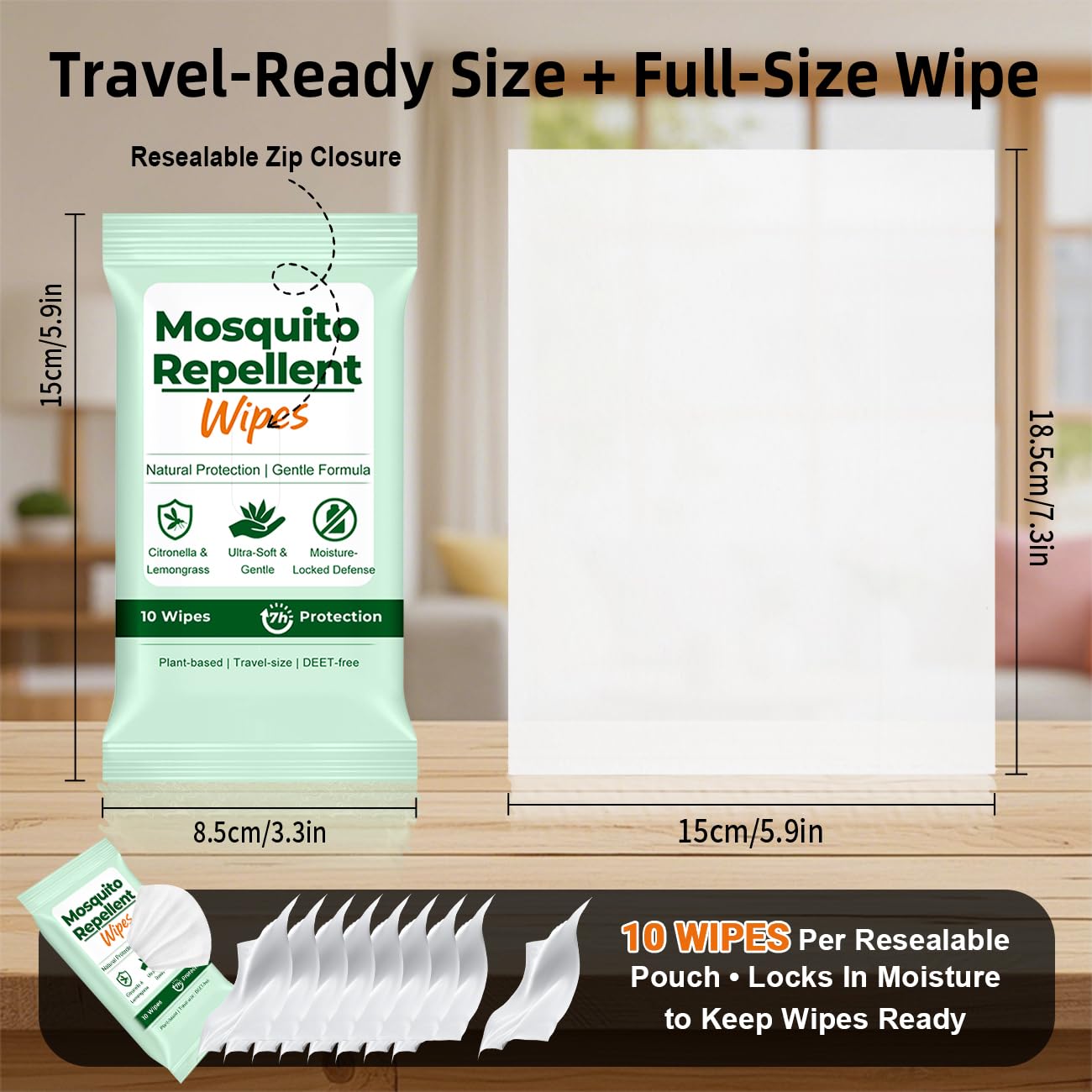 70 Count Natural Mosquito Repellent Wipes, Portable Travel-Size Insect Bug Repellent Wipes in Resealable Pouches, 10 Wipes per Pack, for Camping, Hiking, Travel, Patio Outdoor Protection