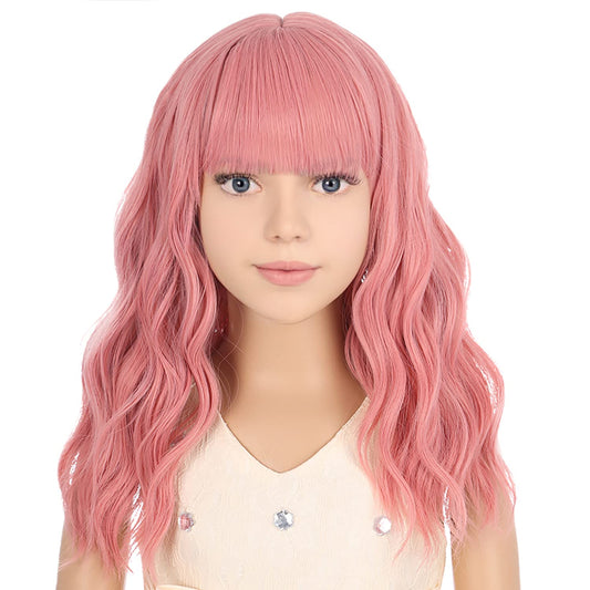 PATTNIUM Pink Wig Kids Short Wavy Wig Pink Wig with Bangs Synthetic Hair Girls Pink Wig Cosplay Costume Wig (Pink)