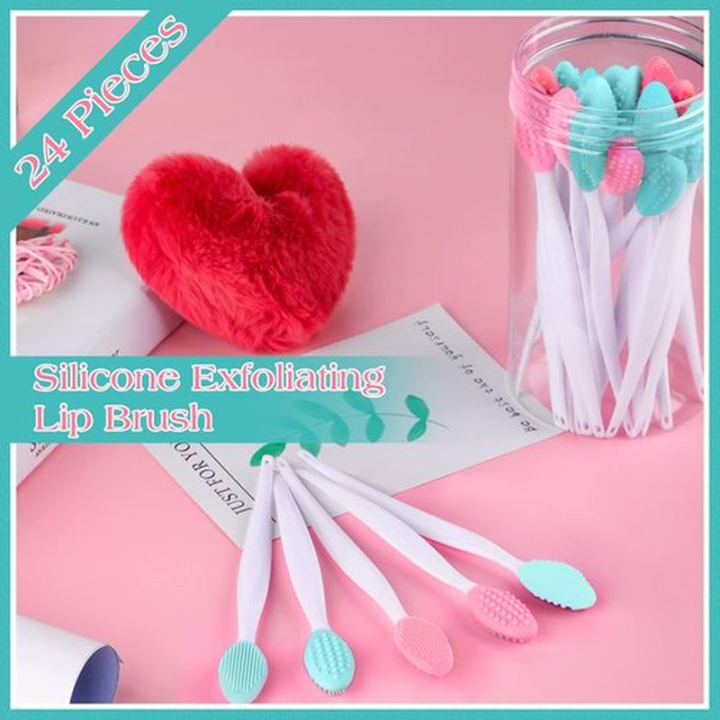24 Pcs Silicone Exfoliating Lip Brush with Container, Double Sided Silicone Lip Scrubber Soft Cleaning Lip Brush Face Cleaning Applicator for Plump Smoother Lip Appearance (Pink, Green)