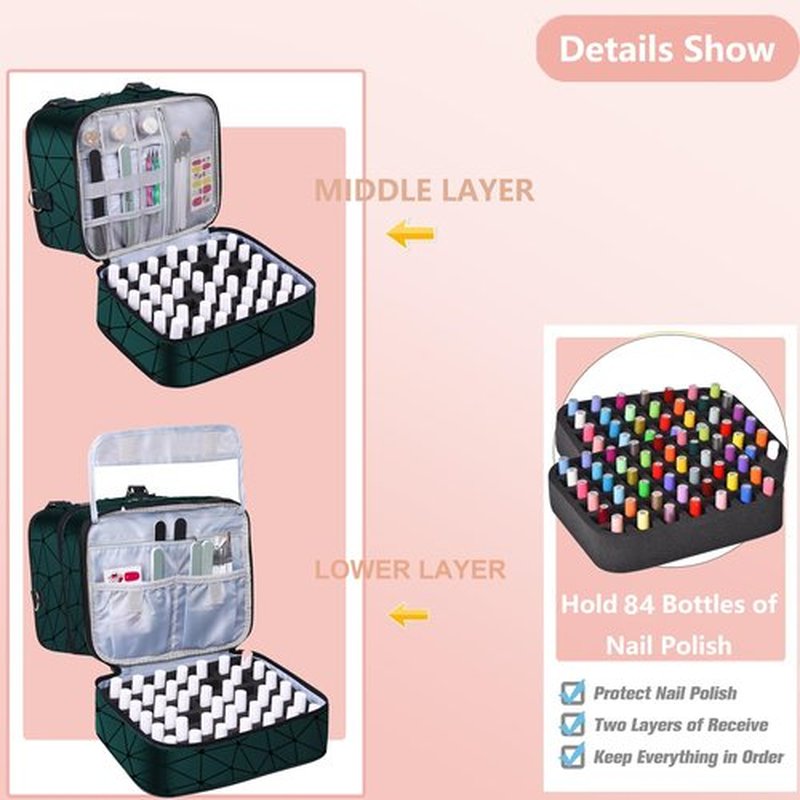 FCQQYWZ Large Nail Polish Organizer Case Hold 84+ Bottles Nail Polish & Nail Lamp, 3 Layers Nail Organizers and Storage for Nail Tech with Divider, Travel Carrying Case for Nail Polish Kit Set(Green)