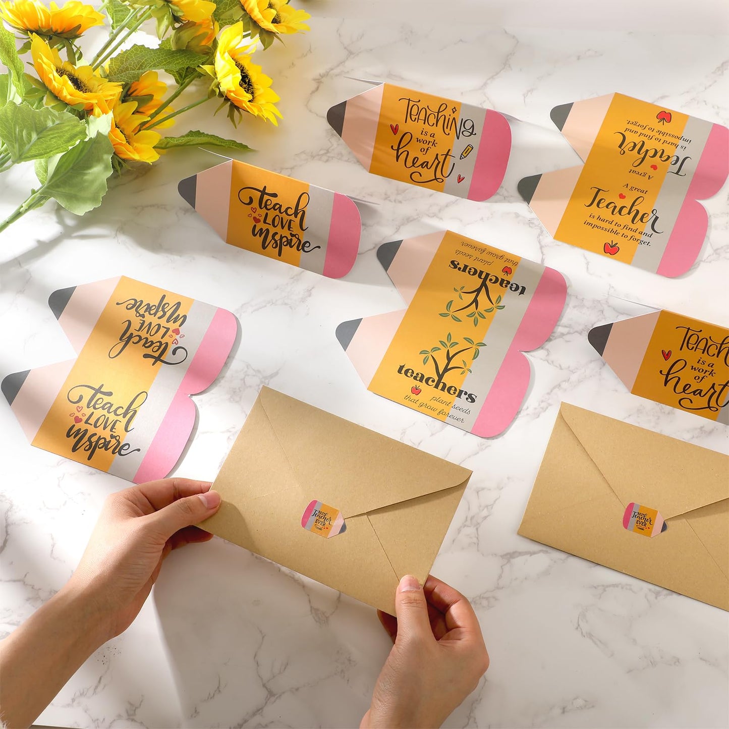 Spakon 24 Sets Teacher Appreciation Gifts Teacher Thank You Cards Bulk with Envelope and Sticker Pencil Shape Cards Inspirational Thank You Note End of School Year Gifts, 6 Styles