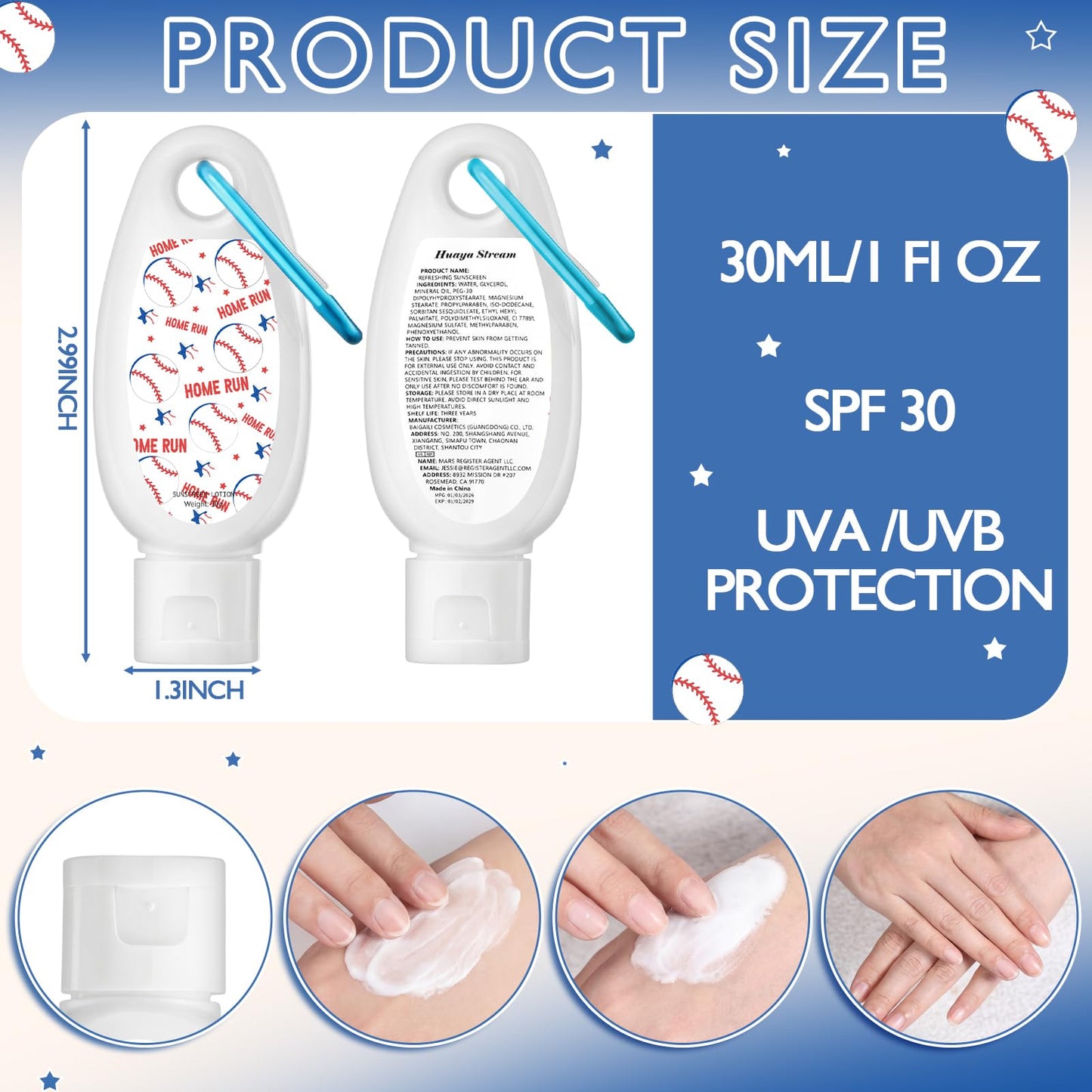 Leelosp 24 Pcs baseball Team Gift Bulk Mini Sunscreen Travel Size 1oz Sport Party Favor Sunscreen Keychain with Clip Spf 30 Fragrance Free Broad Spectrum baseball Accessories for Girl