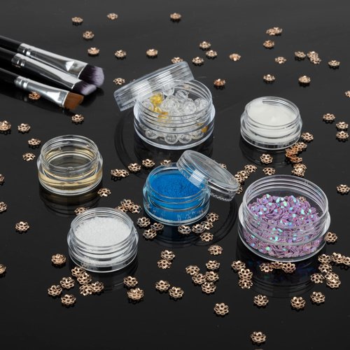 ZEJIA 10pcs Small Travel Containers, Sample Containers with Screw Lids, 5 Size 3/5/10/15/20 Gram Sample Jars with 12pcs Labels and 2pcs Mini Disposable Spatula, Makeup Sample Containers BPA Free