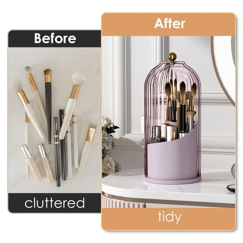 YOOLENS Makeup Brush Holder Organizer with Lid,360 Rotating Clear Dustproof Makeup Brushes Organizer for Vanity Desktop Bathroom Countertop, Pink