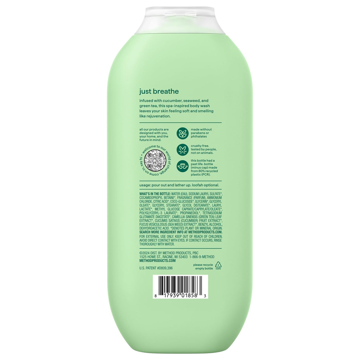 method Body Wash, Daily Zen - Leaves Skin Feeling Soft & Moisturized, Made Without Parabens, Notes of Cucumber, Seaweed & Green Tea, 18 fl oz
