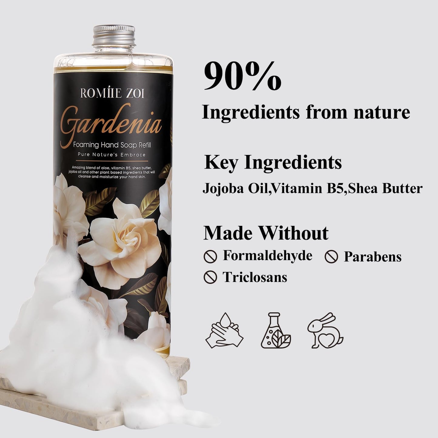 ROMIIE ZOI Foaming Hand Soap Refill Set, Gardenia, 33.8 Fl Oz, 3-Pack