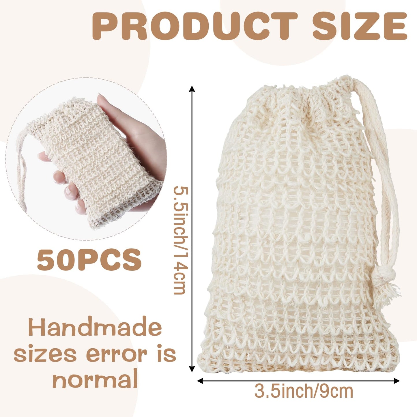 50 Pack Sisal Soap Saver Bag with Drawstring, Natural Cotton-Linen Exfoliating Net Pouch for Foaming and Drying, Travel Bar Soaps Mesh Bags Soap Savers for Bath and Shower Use