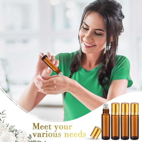 Sumind 150 Pcs Essential Oil Roller Bottles 10 ml Glass Roller Bottles with Stainless Steel Roller Balls Empty Bottles Leak Proof Roll on Bottles with 5 Funnel for Travel Essential Oil (Amber, Gold)