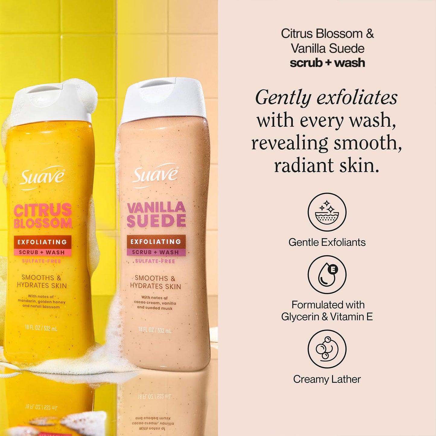 Suave Exfoliating Scrub + Wash Variety 2-Pack – Citrus Blossom & Vanilla Suede, Sulfate-Free Body Wash Set, 18 Oz Ea