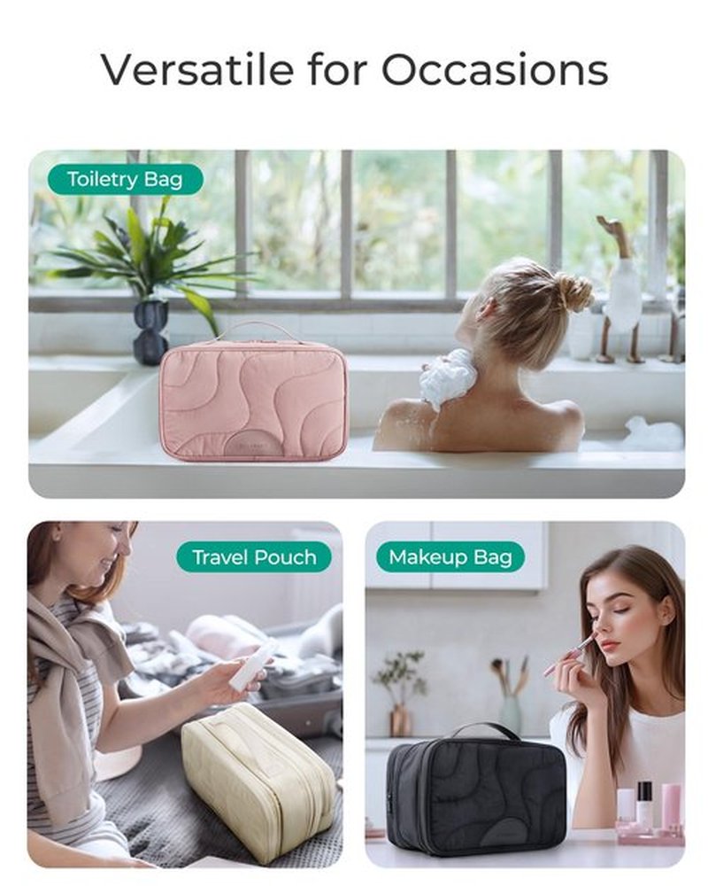 BAGSMART Travel Makeup Bag, Large Capacity Cosmetic Bags for Women, Toiletry Bag with Handle, Water-resistant Make Up Bag Travel Organizer for Accessories, Full-size Container, Toiletries, Pink