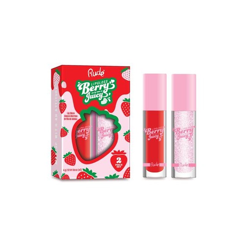RUDE Cosmetics Berry Juicy Lip Gloss Set, Moisturizing, Non-Sticky Formula for Glossy Lip, Hydrating Lipgloss for Women & Teens, Ideal for Day & Night Looks, Crystalize & Code Red