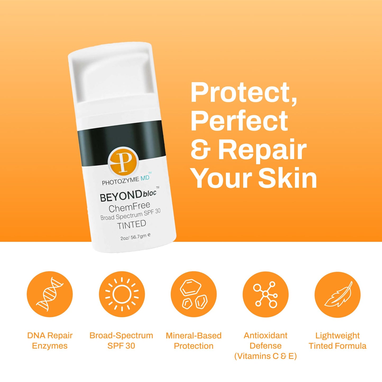Photozyme BeyondBloc Chemfree Broad Spectrum SPF 30 Tinted - Light Coverage Sunscreen - Anti-Aging and Hydrating - for All Skin Types and Post Procedure Skin - with Titanium Dioxide 10.20%, Zinc Oxide